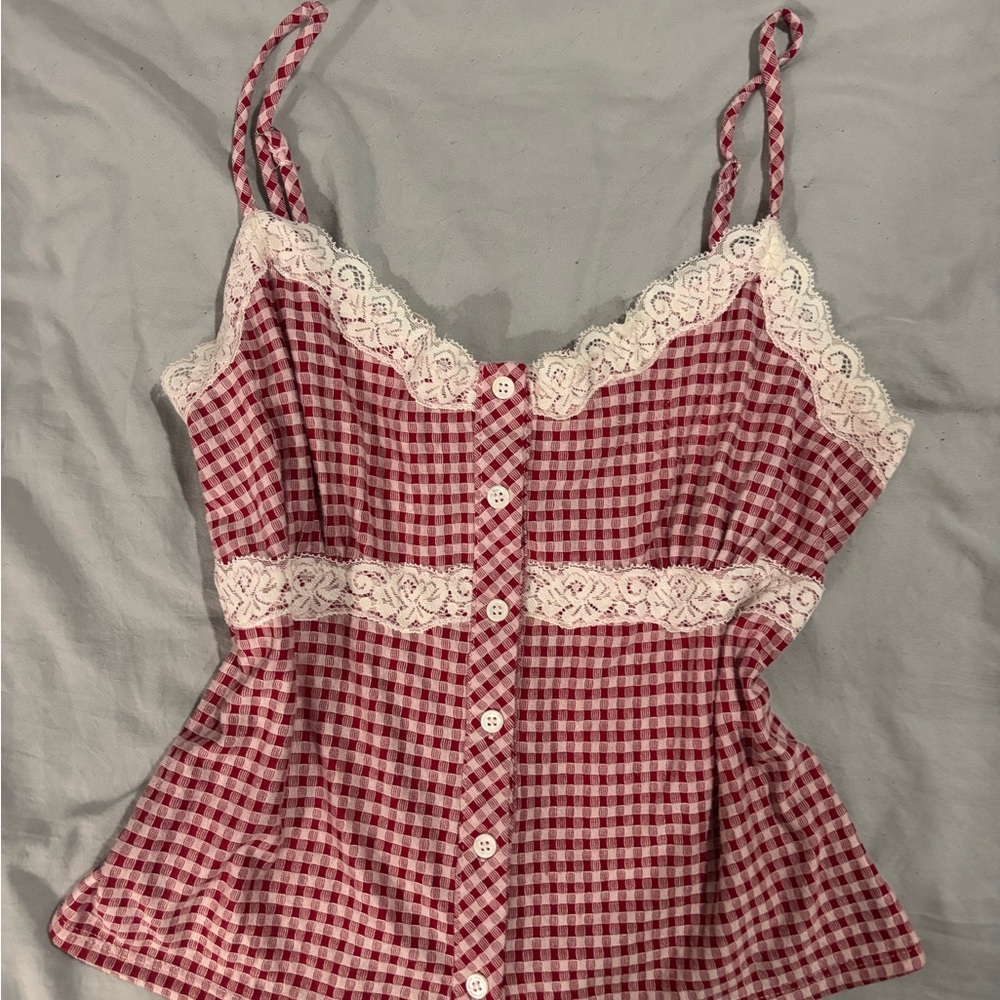 Brandy Melville Red Gingham Lace-Trim Button-Front Cami